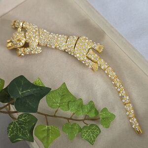 Vintage 80s Long Gold Textured Articulated Cat Brooch Pin